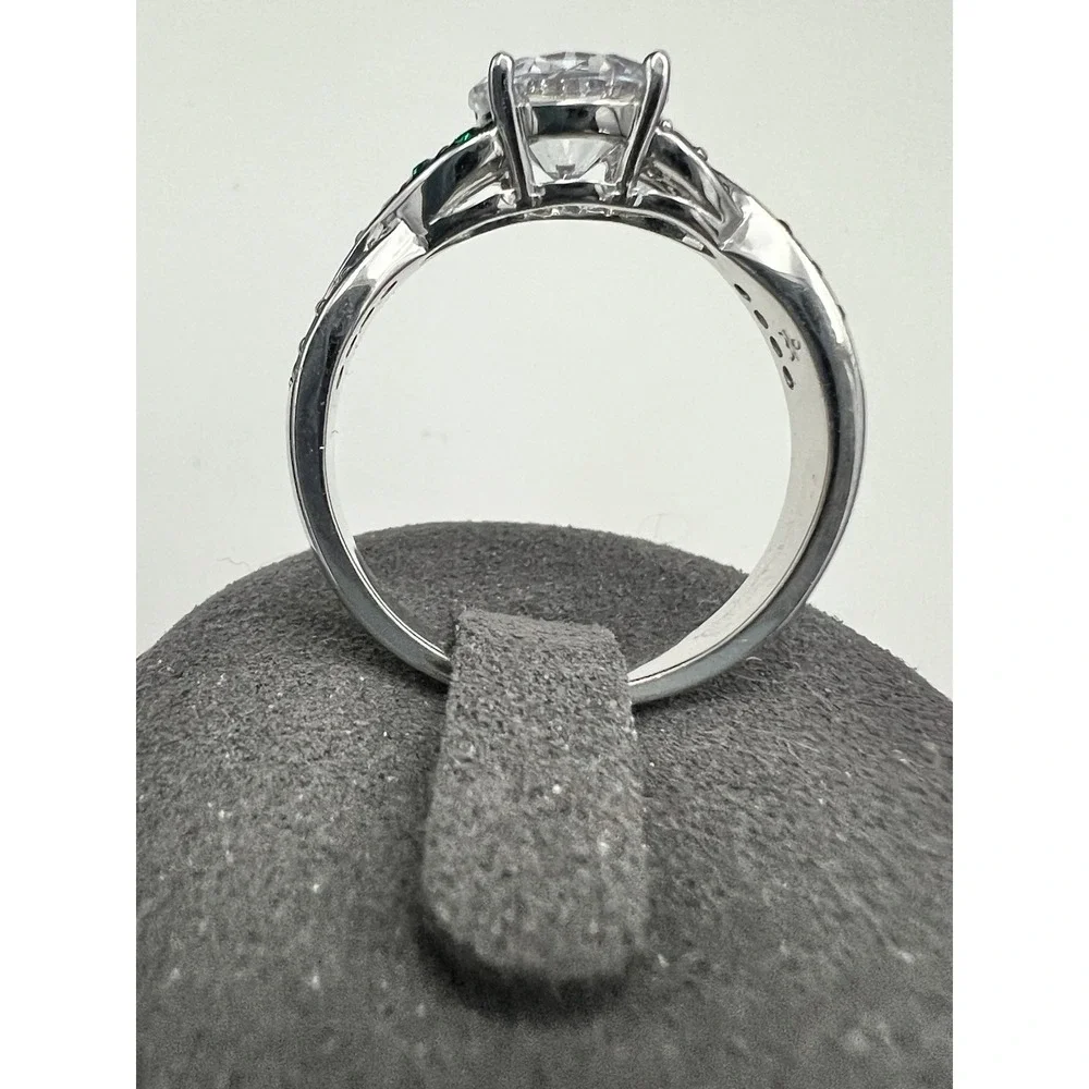 Vintage Silver Tone Bypass Ring Green & Clear Stone Round Brilliant Size 9